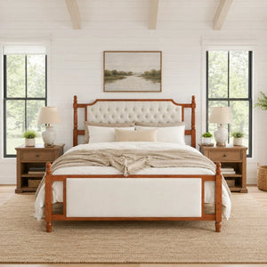 English Elm Queen Velvet Platform Bed Tufted Headboard Carved Wood Posts French Farmhouse Bedroom Brown N761S0000047D