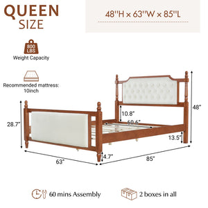 English Elm Queen Velvet Platform Bed Tufted Headboard Carved Wood Posts French Farmhouse Bedroom Brown N761S0000047D