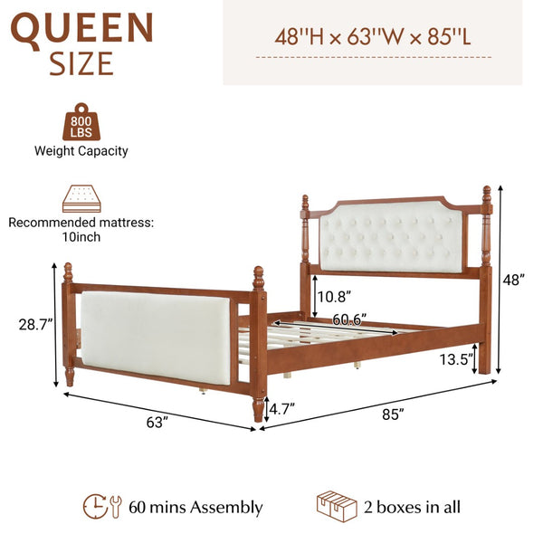 English Elm Queen Velvet Platform Bed Tufted Headboard Carved Wood Posts French Farmhouse Bedroom Brown N761S0000047D