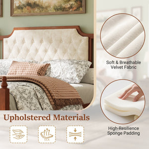 English Elm Queen Velvet Platform Bed Tufted Headboard Carved Wood Posts French Farmhouse Bedroom Brown N761S0000047D