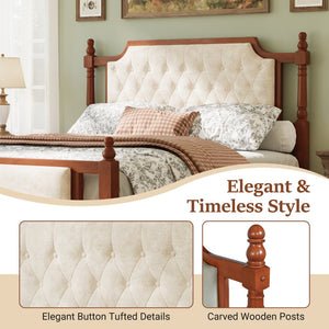 English Elm Queen Velvet Platform Bed Tufted Headboard Carved Wood Posts French Farmhouse Bedroom Brown N761S0000047D
