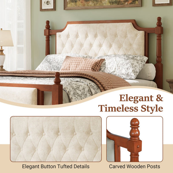 English Elm Queen Velvet Platform Bed Tufted Headboard Carved Wood Posts French Farmhouse Bedroom Brown N761S0000047D