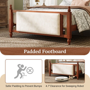 English Elm Queen Velvet Platform Bed Tufted Headboard Carved Wood Posts French Farmhouse Bedroom Brown N761S0000047D