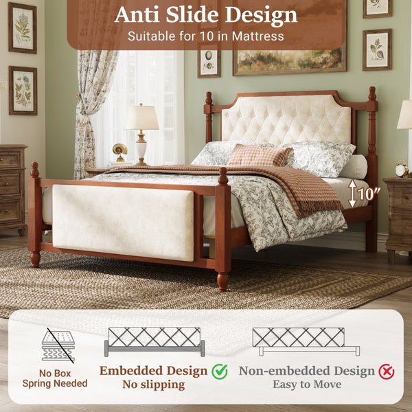 English Elm Queen Velvet Platform Bed Tufted Headboard Carved Wood Posts French Farmhouse Bedroom Brown N761S0000047D