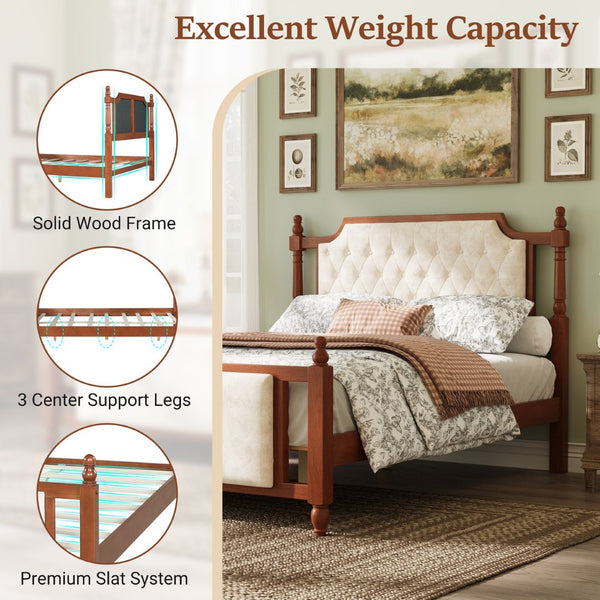 English Elm Queen Velvet Platform Bed Tufted Headboard Carved Wood Posts French Farmhouse Bedroom Brown N761S0000047D