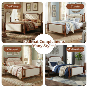 English Elm Queen Velvet Platform Bed Tufted Headboard Carved Wood Posts French Farmhouse Bedroom Brown N761S0000047D