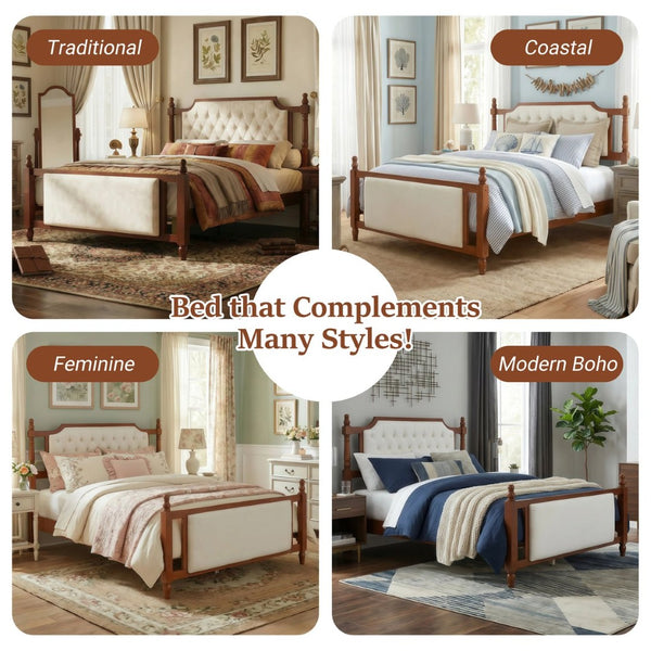 English Elm Queen Velvet Platform Bed Tufted Headboard Carved Wood Posts French Farmhouse Bedroom Brown N761S0000047D