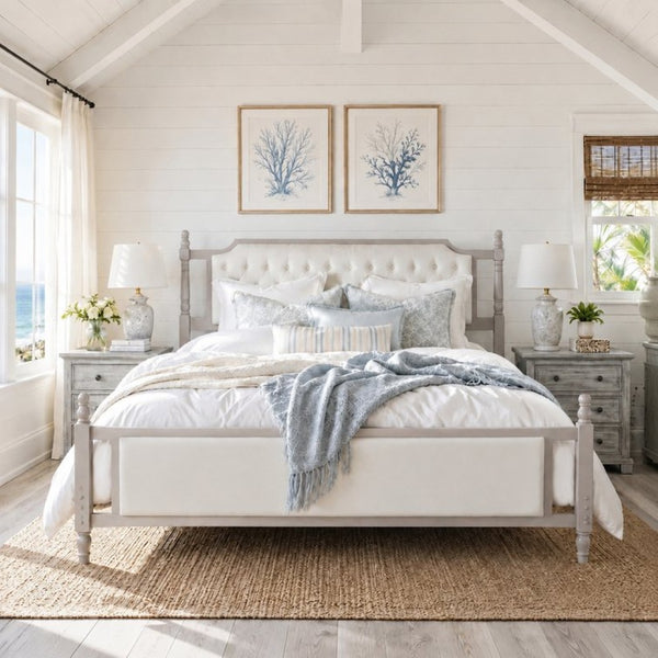 English Elm Queen Velvet Platform Bed Tufted Headboard Carved Wood Posts French Farmhouse Bedroom Taupe N761S0000047N