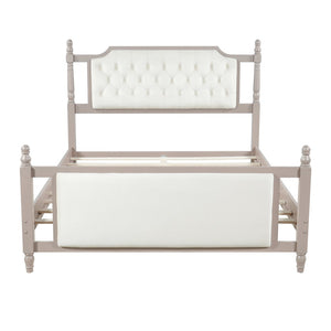English Elm Queen Velvet Platform Bed Tufted Headboard Carved Wood Posts French Farmhouse Bedroom Taupe N761S0000047N