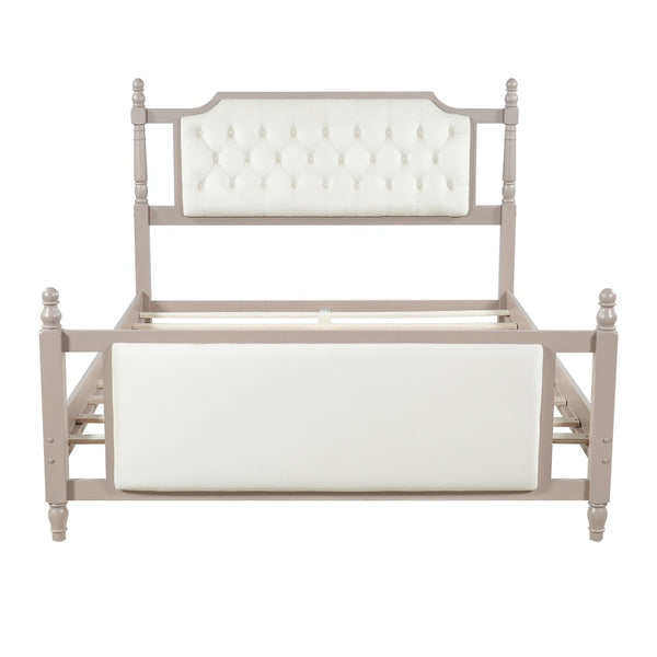 English Elm Queen Velvet Platform Bed Tufted Headboard Carved Wood Posts French Farmhouse Bedroom Taupe N761S0000047N