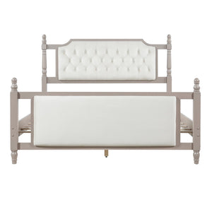 English Elm Queen Velvet Platform Bed Tufted Headboard Carved Wood Posts French Farmhouse Bedroom Taupe N761S0000047N