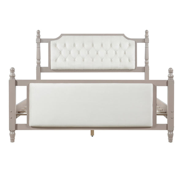 English Elm Queen Velvet Platform Bed Tufted Headboard Carved Wood Posts French Farmhouse Bedroom Taupe N761S0000047N