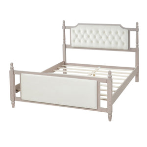 English Elm Queen Velvet Platform Bed Tufted Headboard Carved Wood Posts French Farmhouse Bedroom Taupe N761S0000047N