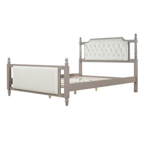 English Elm Queen Velvet Platform Bed Tufted Headboard Carved Wood Posts French Farmhouse Bedroom Taupe N761S0000047N