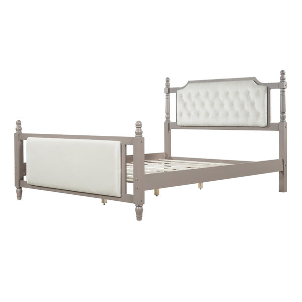 English Elm Queen Velvet Platform Bed Tufted Headboard Carved Wood Posts French Farmhouse Bedroom Taupe N761S0000047N