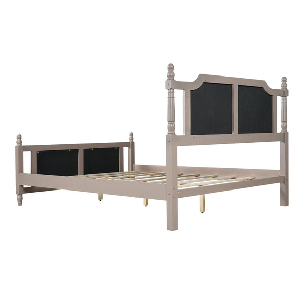 English Elm Queen Velvet Platform Bed Tufted Headboard Carved Wood Posts French Farmhouse Bedroom Taupe N761S0000047N