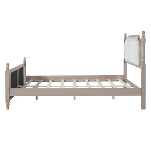 English Elm Queen Velvet Platform Bed Tufted Headboard Carved Wood Posts French Farmhouse Bedroom Taupe N761S0000047N