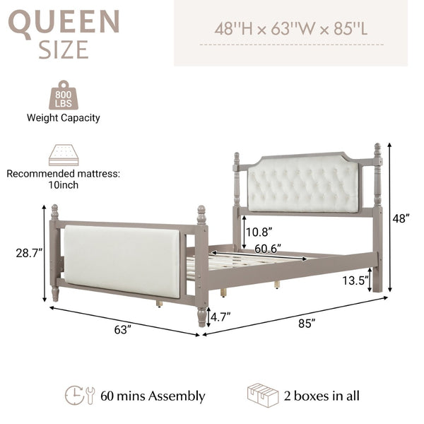 English Elm Queen Velvet Platform Bed Tufted Headboard Carved Wood Posts French Farmhouse Bedroom Taupe N761S0000047N