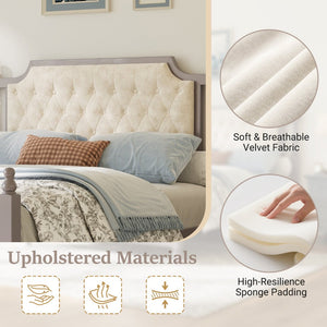 English Elm Queen Velvet Platform Bed Tufted Headboard Carved Wood Posts French Farmhouse Bedroom Taupe N761S0000047N