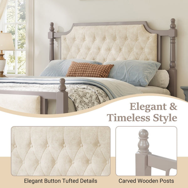 English Elm Queen Velvet Platform Bed Tufted Headboard Carved Wood Posts French Farmhouse Bedroom Taupe N761S0000047N