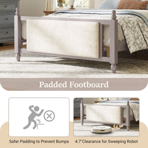 English Elm Queen Velvet Platform Bed Tufted Headboard Carved Wood Posts French Farmhouse Bedroom Taupe N761S0000047N