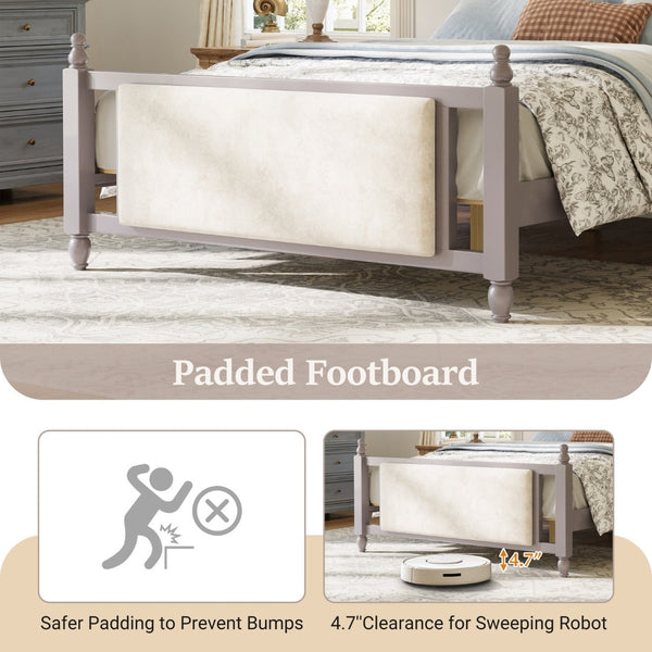 English Elm Queen Velvet Platform Bed Tufted Headboard Carved Wood Posts French Farmhouse Bedroom Taupe N761S0000047N