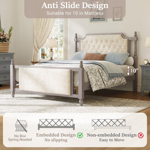 English Elm Queen Velvet Platform Bed Tufted Headboard Carved Wood Posts French Farmhouse Bedroom Taupe N761S0000047N