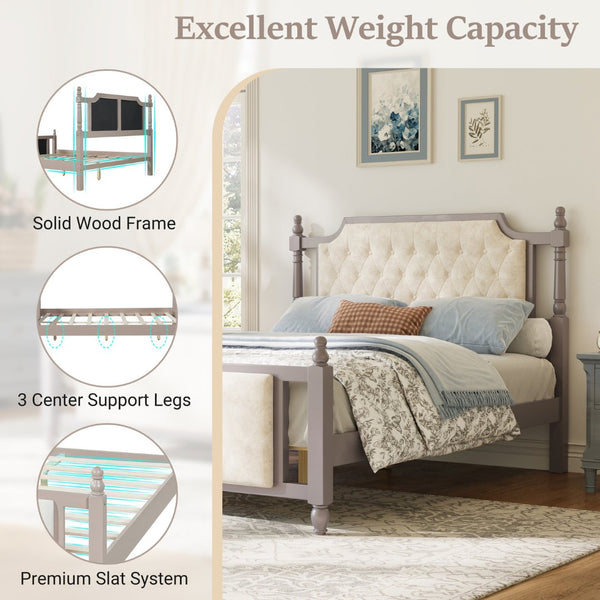 English Elm Queen Velvet Platform Bed Tufted Headboard Carved Wood Posts French Farmhouse Bedroom Taupe N761S0000047N