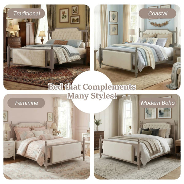 English Elm Queen Velvet Platform Bed Tufted Headboard Carved Wood Posts French Farmhouse Bedroom Taupe N761S0000047N