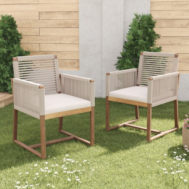 English Elm Outdoor Acacia Wood Dining Armchairs Hand Woven Rope Design Resort Style Patio Set Light Brown N762P238694D
