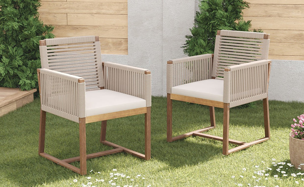 English Elm Outdoor Acacia Wood Dining Armchairs Hand Woven Rope Design Resort Style Patio Set Light Brown N762P238694D