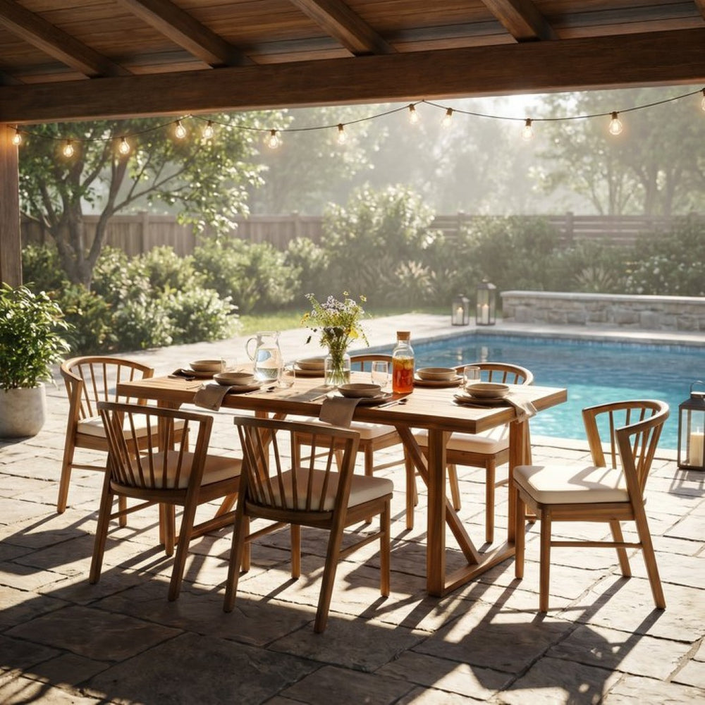 English Elm 7 Piece Solid Acacia Outdoor Dining Set with Windsor Chairs and Cream Cushions N762P371718D_N762P389932A6