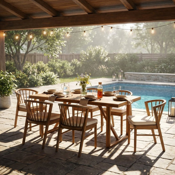 English Elm 7 Piece Solid Acacia Outdoor Dining Set with Windsor Chairs and Cream Cushions N762P371718D_N762P389932A6