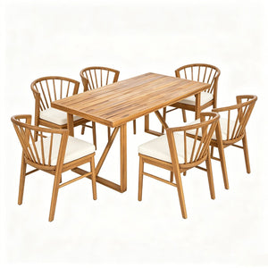 English Elm 7 Piece Solid Acacia Outdoor Dining Set with Windsor Chairs and Cream Cushions N762P371718D_N762P389932A6