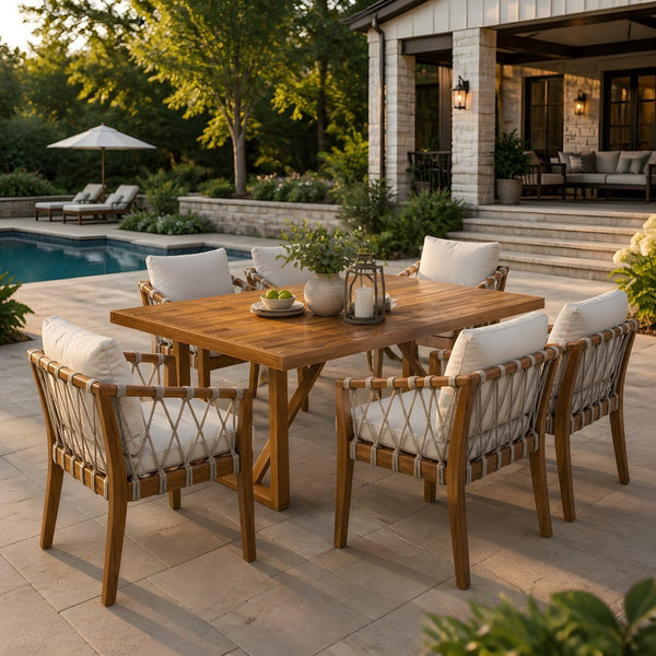 English Elm 7 Piece Acacia Wood Outdoor Dining Set with Rope Woven Chairs and Cushions N762P371718D_N762P411561D6