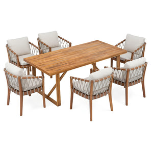 English Elm 7 Piece Acacia Wood Outdoor Dining Set with Rope Woven Chairs and Cushions N762P371718D_N762P411561D6