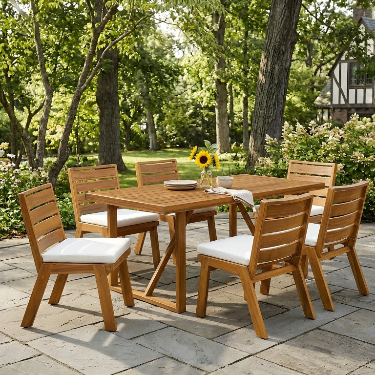 English Elm 7 Piece Solid Acacia Wood Outdoor Dining Set with Slatted Table and Cushioned Chairs N762P371718D_N762P455540D6