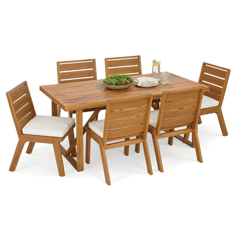 English Elm 7 Piece Solid Acacia Wood Outdoor Dining Set with Slatted Table and Cushioned Chairs N762P371718D_N762P455540D6