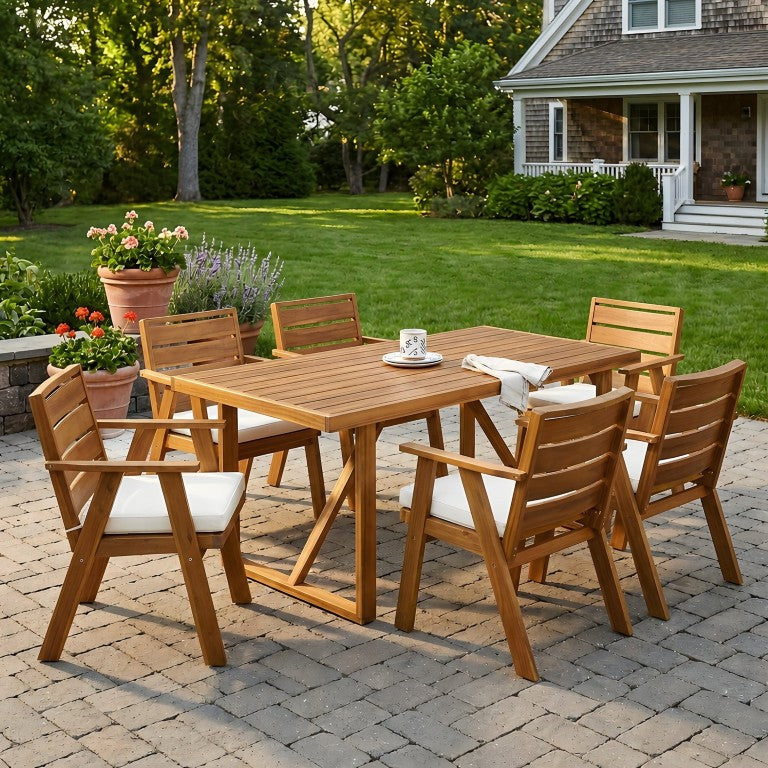 English Elm 7 Piece Solid Acacia Outdoor Dining Set with Six Cushioned Chairs Teak Finish Patio N762P371718D_N762P455581D6