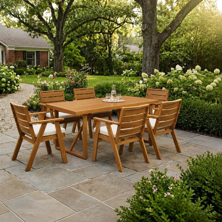 English Elm 7 Piece Solid Acacia Outdoor Dining Set with Six Cushioned Chairs Teak Finish Patio N762P371718D_N762P455581D6