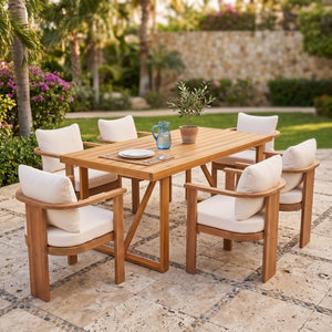 English Elm 7‑Piece Solid Acacia Outdoor Dining Set with Teak Finish Table and Cushioned Arm Chairs N762P371718D_N762P506092A3