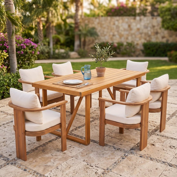 English Elm 7‑Piece Solid Acacia Outdoor Dining Set with Teak Finish Table and Cushioned Arm Chairs N762P371718D_N762P506092A3