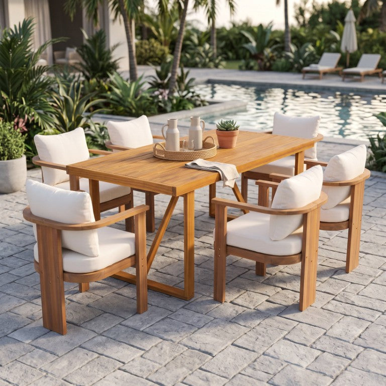 English Elm 7‑Piece Solid Acacia Outdoor Dining Set with Teak Finish Table and Cushioned Arm Chairs N762P371718D_N762P506092A3