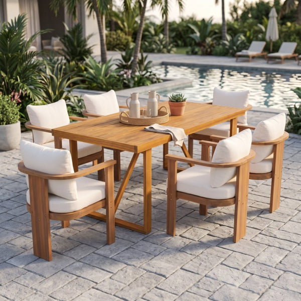 English Elm 7‑Piece Solid Acacia Outdoor Dining Set with Teak Finish Table and Cushioned Arm Chairs N762P371718D_N762P506092A3