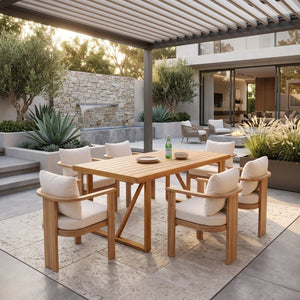 English Elm 7‑Piece Solid Acacia Outdoor Dining Set with Teak Finish Table and Cushioned Arm Chairs N762P371718D_N762P506092A3