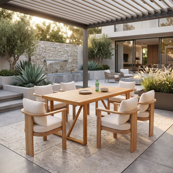 English Elm 7‑Piece Solid Acacia Outdoor Dining Set with Teak Finish Table and Cushioned Arm Chairs N762P371718D_N762P506092A3