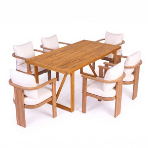 English Elm 7‑Piece Solid Acacia Outdoor Dining Set with Teak Finish Table and Cushioned Arm Chairs N762P371718D_N762P506092A3