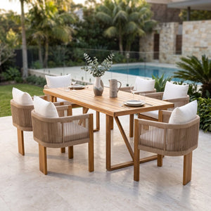 English Elm 7‑Piece Solid Acacia Outdoor Dining Set with Slatted Table and Rope Woven Arm Chairs N762P371718D_N762P506194D3