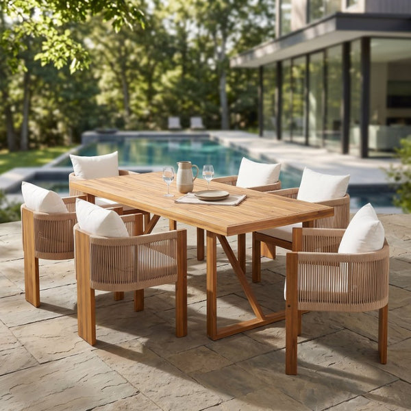 English Elm 7‑Piece Solid Acacia Outdoor Dining Set with Slatted Table and Rope Woven Arm Chairs N762P371718D_N762P506194D3