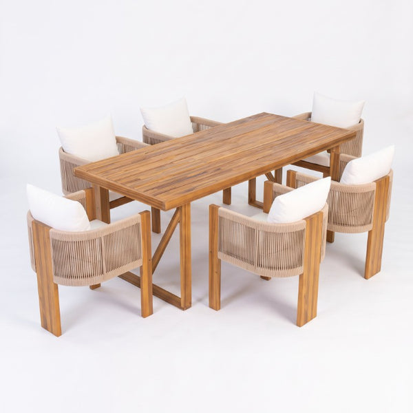English Elm 7‑Piece Solid Acacia Outdoor Dining Set with Slatted Table and Rope Woven Arm Chairs N762P371718D_N762P506194D3